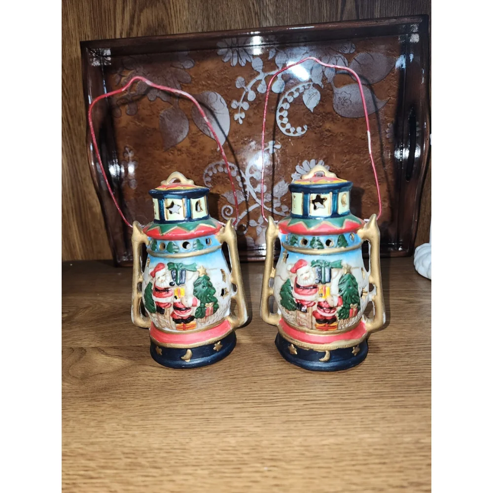 Christmas Ceramic Lantern Tealight Candle Holder Set Santa Claus & Mouse Holiday
